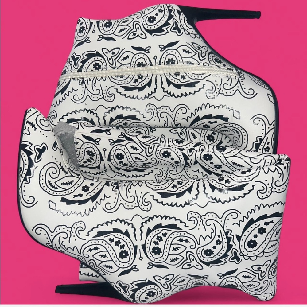 Black and White Paisley Knee High Boots